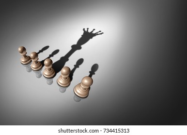 Concept of leader and leadership as a group of chess pawn pieces with one piece casting a shadow of a king as a metaphor for potential as a 3D render.