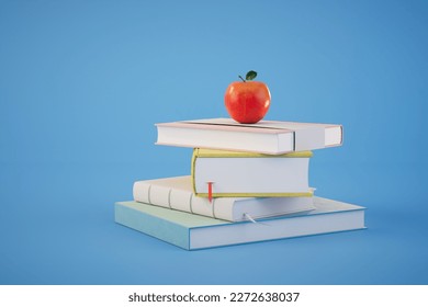 the concept of lifelong learning. a stack of books and a red apple on them on a blue background. 3D render.