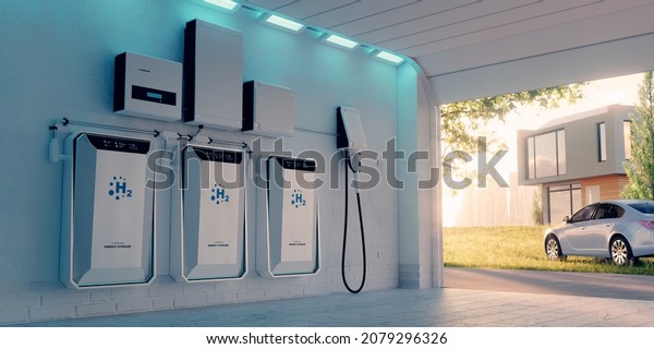 The concept of local home energy storage using\
hydrogen and a battery in a garage in a beautiful afternoon\
atmosphere with a backdrop of an electric hydrogen car, a house and\
a city. 3d\
rendering.