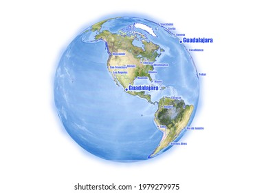 Concept for the location of Guadalajara, Mexico and other major cities around the World. A detailed and accurate map of the world with Guadalajara, Mexico at the center.
