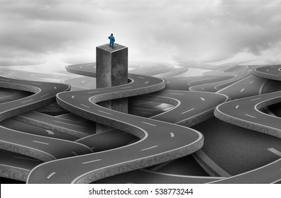 Concept Of Lost As A Solitary Businessman Or Individual Person Confused And Confined From A Group Of Tangled Roads And Highway Paths As A Business Confusion Metaphor With 3D Illustration Elements.