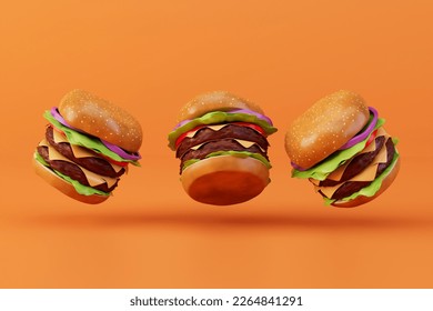 the concept of love for fast food. large burgers flying across an orange background. 3D render. - Powered by Shutterstock