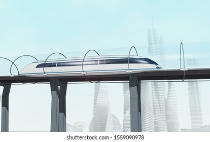 Concept Of Magnetic Levitation Train Moving On The Skyway In A Vacuum Tunnel Across The City. Modern City Transport. Sketch Stylized 3d Rendering Illustration.