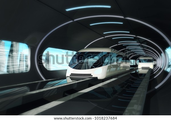 Concept of magnetic levitation train moving \
in a vacuum tunnel across the city. Modern city transport. 3d\
rendering\
illustration