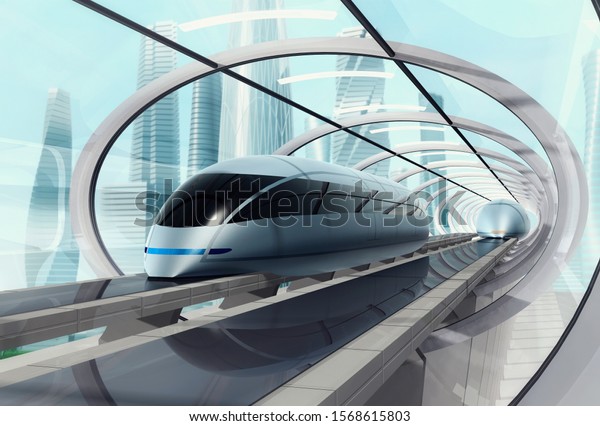 Concept of magnetic levitation train moving\
on the skyway in a vacuum tunnel across the city. Modern city\
transport. 3d rendering\
illustration.