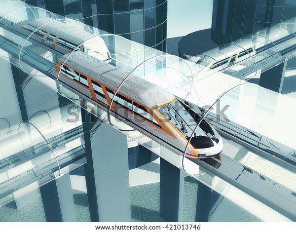 Concept of magnetic levitation train moving\
on the sky way in vacuum tunnel across the city. Modern city\
transport. 3d rendering\
illustration.