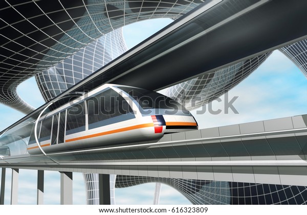 Concept of magnetic levitation train moving\
in glass tunnel across the futuristic city. Modern  transport. 3d\
rendering\
illustration