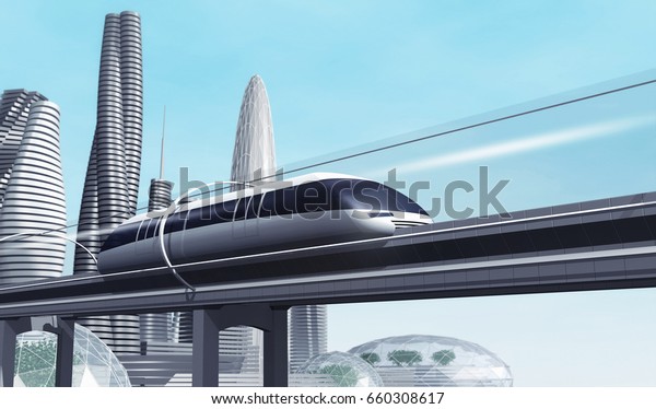 市内を横切る真空トンネルの空上を移動する磁気浮上式電車のコンセプト 近代都市交通 3dレンダリングイラスト のイラスト素材