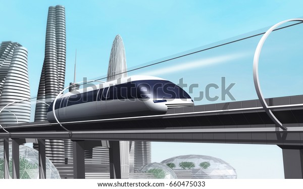 Concept of magnetic levitation train moving
on the skyway in a vacuum tunnel across the city. Modern city
transport. 3d rendering
illustration.