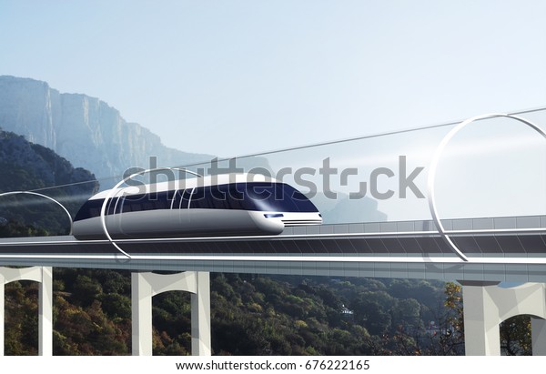 山水を横断する真空トンネルの中で 空上を移動する磁気浮上式電車のコンセプト 現代の交通機関 3dレンダリングイラスト のイラスト素材