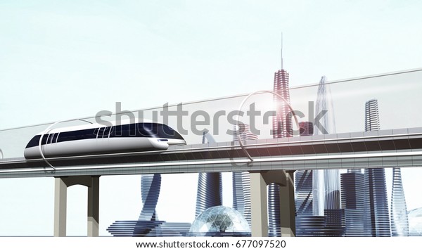 Concept\
of magnetic levitation train moving glass tunnel across the city.\
Modern city transport. 3d rendering\
illustration.
