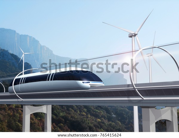 Concept of magnetic\
levitation train moving on the skyway in a vacuum tunnel across\
landscape with wind turbines and mountains. Modern transport. 3d\
rendering\
illustration