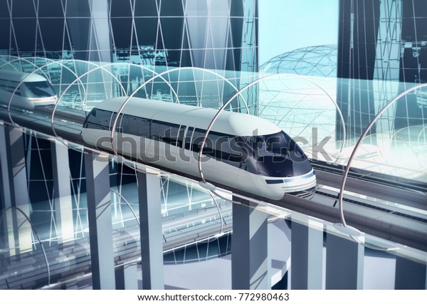 Concept of magnetic levitation train moving\
on the sky way in tunnel across the city. Modern city transport. 3d\
rendering\
illustration