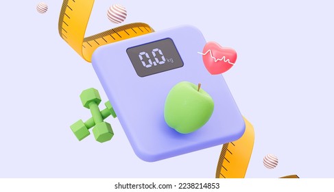 The concept of measuring body weight loss. The right way of life. Electronic scales with a green apple and dumbbells for fitness. 3d rendering illustration
 - Powered by Shutterstock