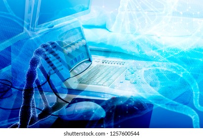 Concept Of Medical Research Of Viruses And DNA. Double Exposure Of The DNA Molecule On The Background Of The Control Panel Of Medical Equipment For The Treatment Of Oncology.