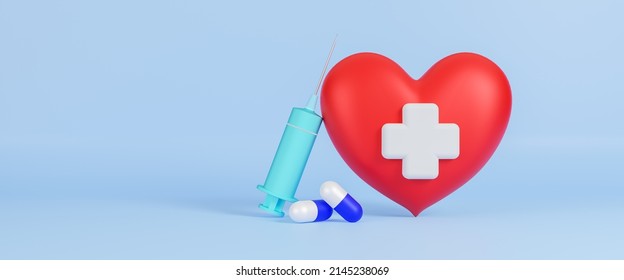 Concept medical treatment, heart, pills and syringe on blue background, medical first aid concept, health care concept, health love or world heart day concept, 3d rendering illustration - Powered by Shutterstock