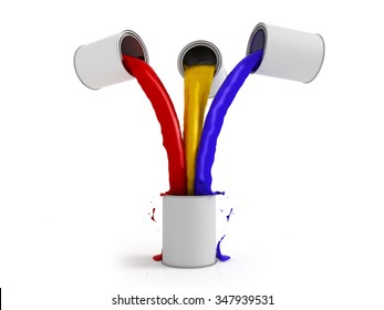 Concept Of Mixing Proportions Of Paints, Cans Of Red Blue And Yellow Paint Merge In One Empty Can