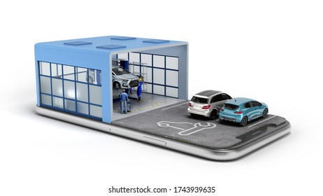 Concept Of Mobile Car Service Service Station And Parking On The Mobile Phone Screen 3d Render Ob White