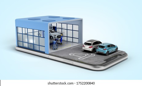 Concept Of Mobile Car Service Service Station And Parking On The Mobile Phone Screen 3d Render On Blue Gradient