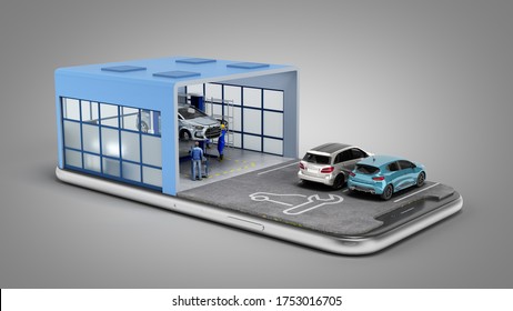 Concept Of Mobile Car Service Service Station And Parking On The Mobile Phone Screen 3d Render On Grey Gradient