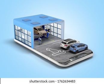 Concept Of Mobile Car Service Service Station And Parking On The Mobile Phone Screen 3d Render On Blue Gradient