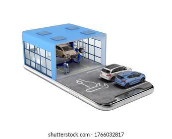 Concept Of Mobile Car Service Service Station And Parking On The Mobile Phone Screen 3d Render On White No Shadow