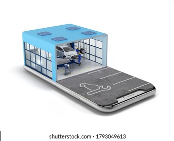 Concept Of Mobile Car Service Service Station And Parking On The Mobile Phone Screen 3d Render On White