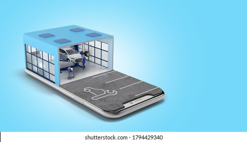 concept of mobile car service service station and parking on the mobile phone screen 3d render on blue gradient