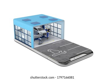 Concept Of Mobile Car Service Service Station And Parking On The Mobile Phone Screen 3d Render On White No Shadow