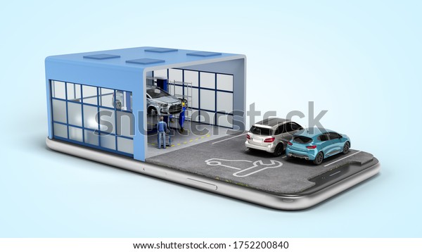 concept of mobile\
car service service station and parking on the mobile phone screen\
3d render on blue\
gradient