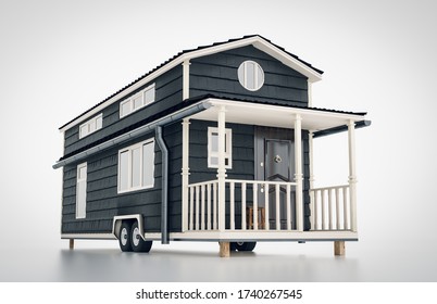 Concept of a mobile scandinavian tiny house isolated on white background. 3d rendering.