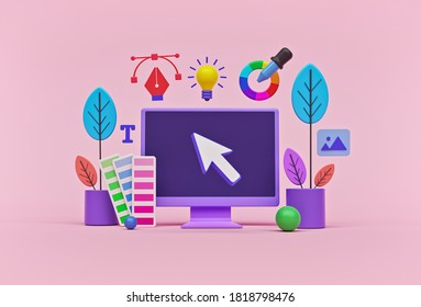 concept modern graphic design process  icons graphic designer items   tools  3d rendering