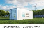 Concept of a modern high-capacity battery energy storage system in a container located in the middle of a lush meadow with a forest in the background. 3d rendering.
