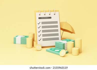 Concept of money protection, financial savings insurance. Secure investment, surrounding by gold coin, cash insurance form and umbrella isolated on yellow pastel background realistic 3d render.