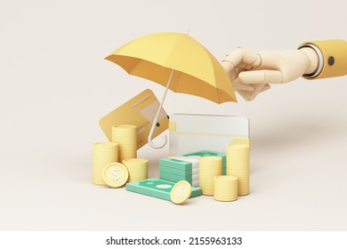 Concept of money protection, financial savings insurance. Secure investment, surrounding by gold coin, hand, wallet, credit card with umbrella isolated on white pastel background realistic 3d render.