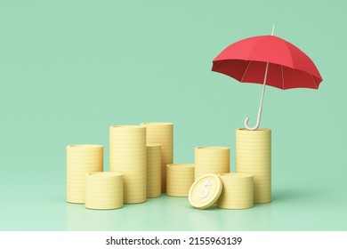 Concept of money protection, financial savings insurance. Secure investment, surrounding by gold coin and red umbrella isolated on green pastel background realistic 3d render.