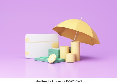 Concept of money protection, financial savings insurance. Secure investment, surrounding by gold coin and cash, wallet, umbrella, isolated on purple pastel background realistic 3d render.