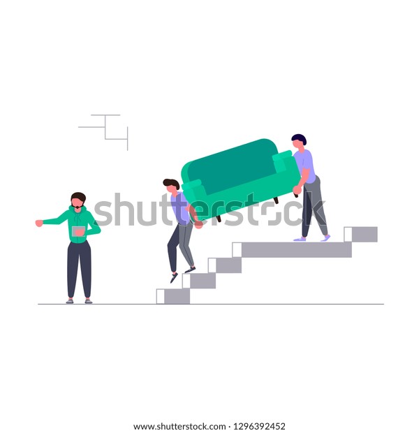 Concept for moving company isolated on white\
background. Movers carring a sofa and cardboard boxes. Moving House\
and office. Rastered\
copy