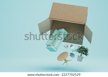 the concept of moving. interior items flying out of the box on a blue background. 3D render.