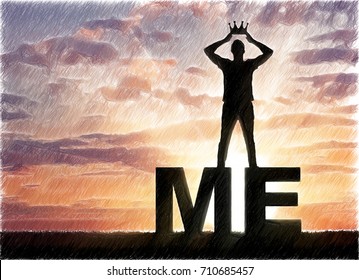 Concept Of Narcissism And Selfishness. The Silhouette Of A Selfish And Narcissistic Man Reconciling Himself With A Crown On The Word Me