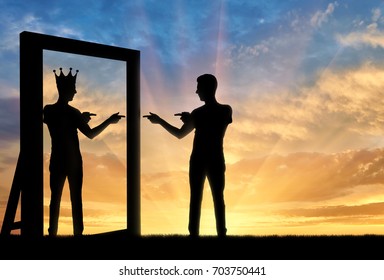 Concept of a narcissistic and egoistic man. Silhouette of a man standing, motivating himself at the mirror and sees in the reflection of himself with a crown on his head