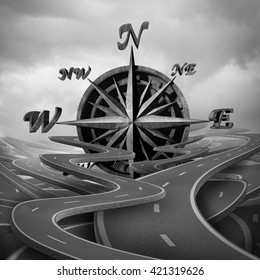 Concept Of Navigation As A Business Compass Symbol Or Moral Compass Icon In A Group Of Roads And Pathway Routes As A Journey Metaphor For Destination Vision As A 3D Illustration.