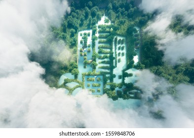 Concept of new green urbanism. Lake in a shape of a city in the middle of pure and fresh rainforest scenery viewed form bird perspective.3d rendering.