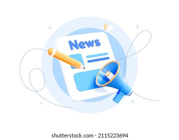 Concept News Update With Megaphone. Newspaper Or Newsletter Concept Icon With Loudspeaker. Daily Press. Realistic Elements Isolated On White Background. 3D Rendering