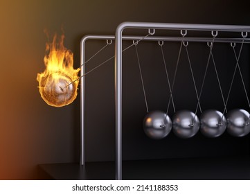 concept Newton's pendulum with one burning ball. 3d rendering