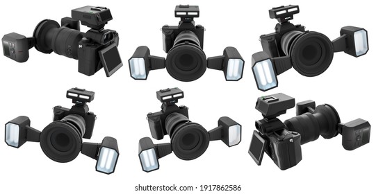 Concept of nonexistent DSLR camera with lens and external flash speedlight isolated on white background with clipping path. 3D rendering of professional photography gear for live studio photo shooting