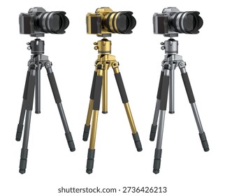 Concept of nonexistent DSLR camera with macro lens and tripod isolated on white background. 3D render and illustration of professional photography gear for live studio photo shooting
