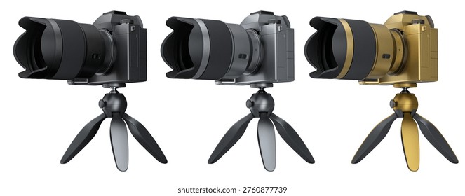 Concept of nonexistent DSLR camera with macro lens and tripod isolated on white background. 3D render and illustration of professional photography gear for live studio photo shooting