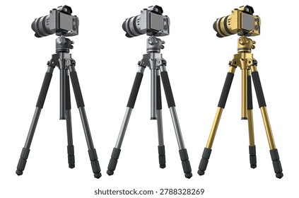 Concept of nonexistent DSLR camera with macro lens and tripod isolated on white background. 3D render and illustration of professional photography gear for live studio photo shooting