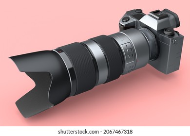 Concept of nonexistent silver DSLR camera with lens isolated on pink background. 3D rendering of professional photography of nature, animal and cities